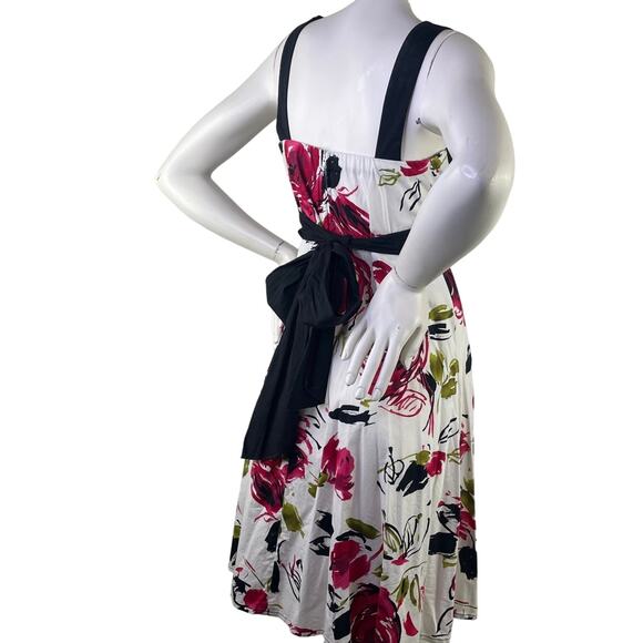 B Smart Womens White Floral Apron Midi Dress Rouched Top Pink Green Blk Bow S 10 - Picture 6 of 10